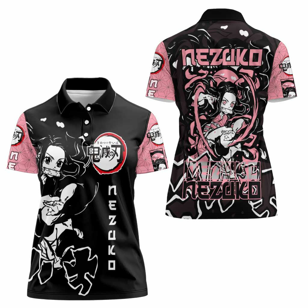 Nezuko Demon Slayer Women Polo Shirt with Pink and Black Manga Style Design - The Mazicc