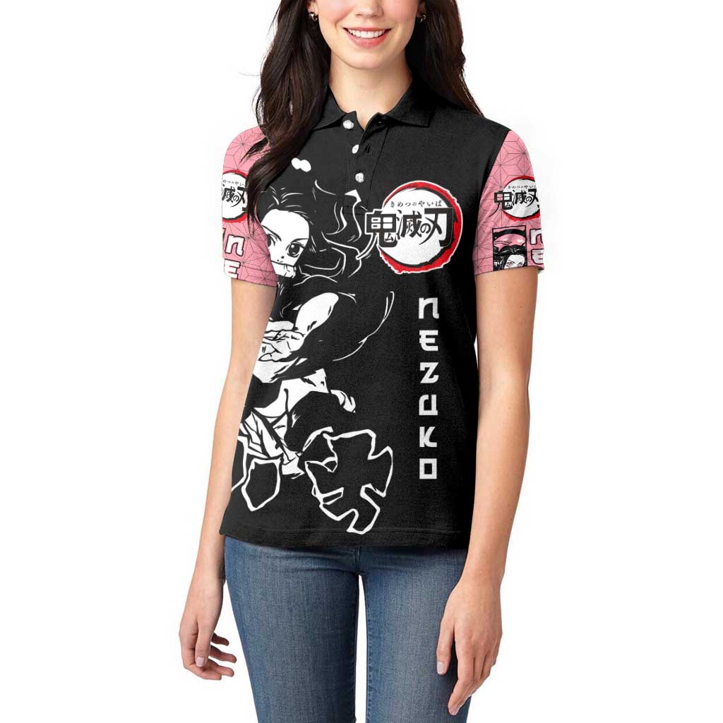 Nezuko Demon Slayer Women Polo Shirt with Pink and Black Manga Style Design - The Mazicc