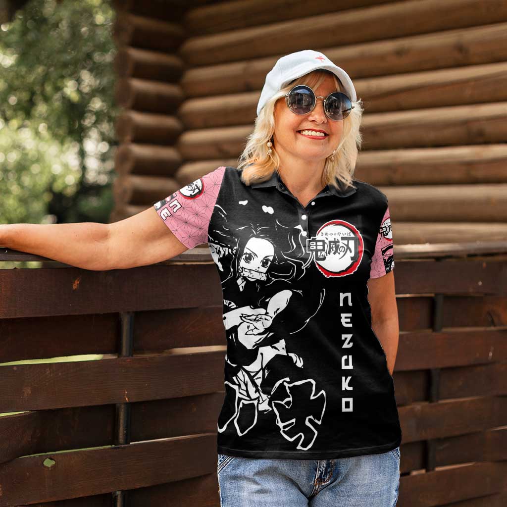 Nezuko Demon Slayer Women Polo Shirt with Pink and Black Manga Style Design - The Mazicc
