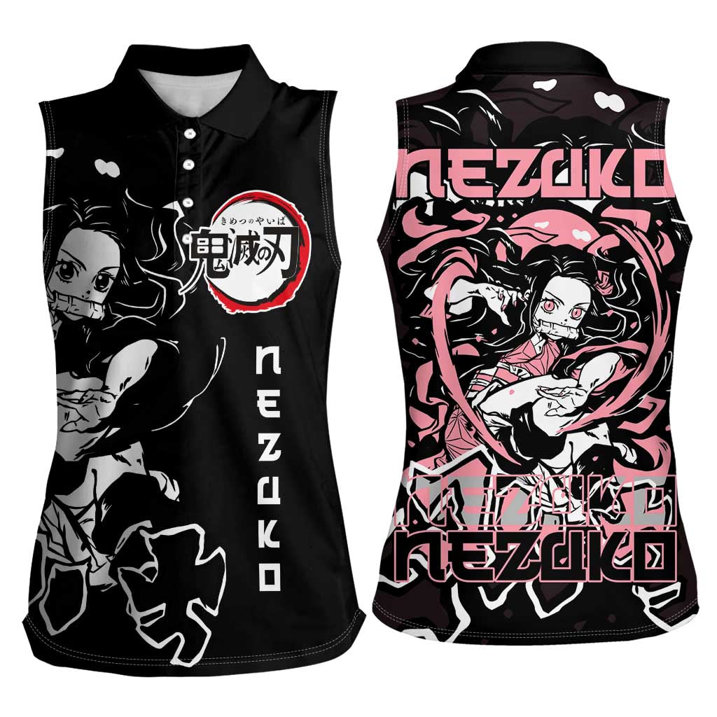 Nezuko Demon Slayer Women Sleeveless Polo Shirt with Pink and Black Manga Style Design - The Mazicc