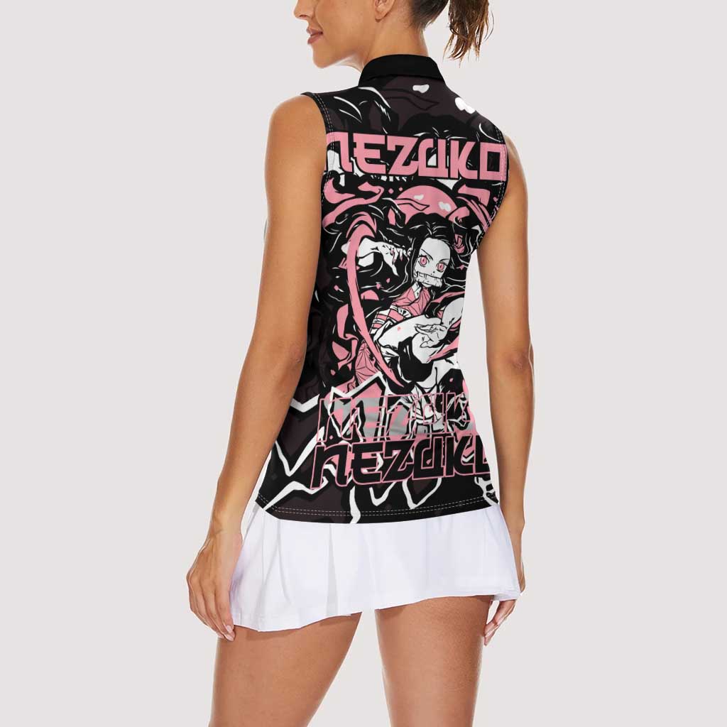 Nezuko Demon Slayer Women Sleeveless Polo Shirt with Pink and Black Manga Style Design - The Mazicc