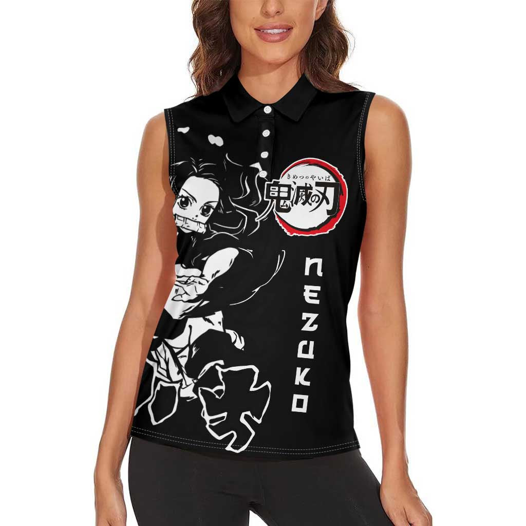 Nezuko Demon Slayer Women Sleeveless Polo Shirt with Pink and Black Manga Style Design - The Mazicc