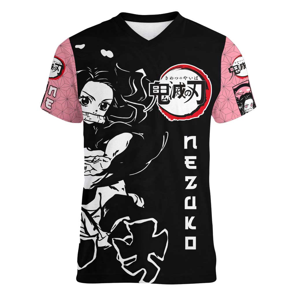 Nezuko Demon Slayer Women V-Neck T-Shirt with Pink and Black Manga Style Design - The Mazicc