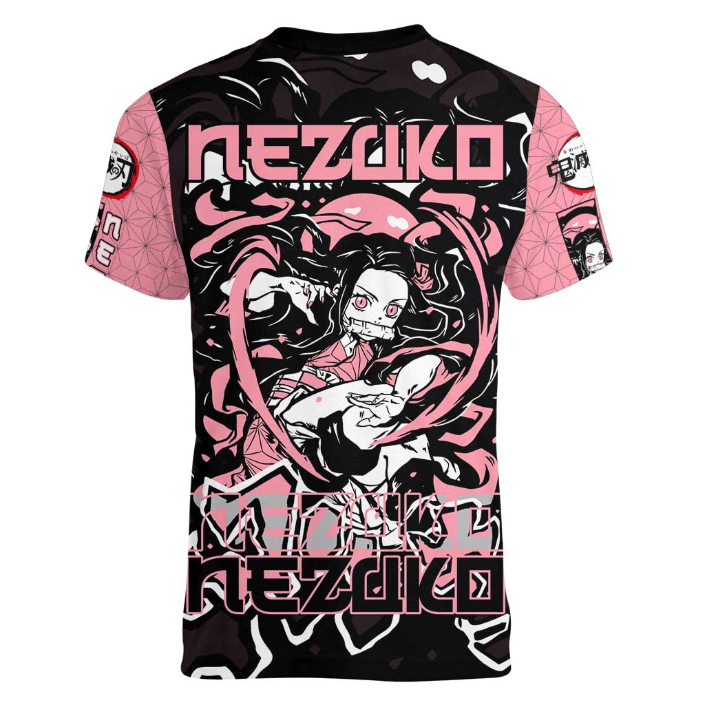Nezuko Demon Slayer Women V-Neck T-Shirt with Pink and Black Manga Style Design - The Mazicc