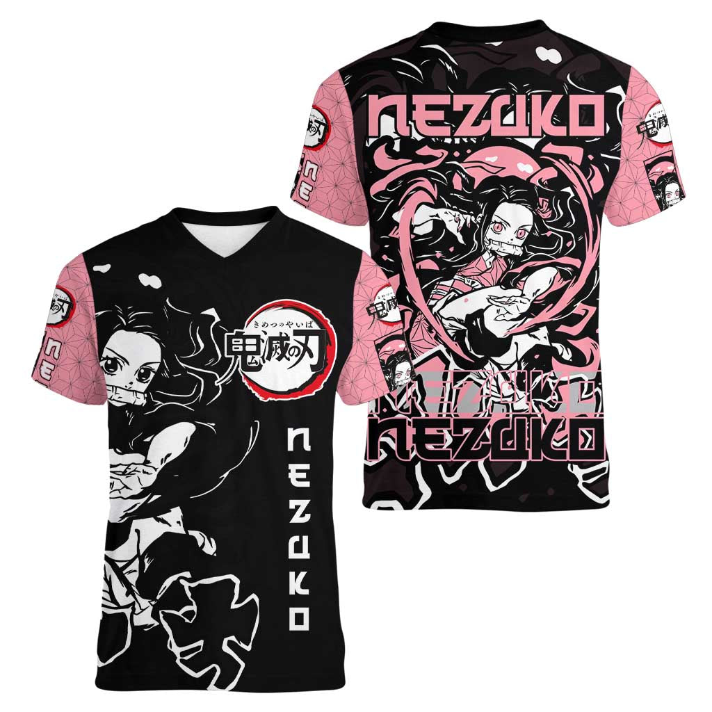 Nezuko Demon Slayer Women V-Neck T-Shirt with Pink and Black Manga Style Design - The Mazicc
