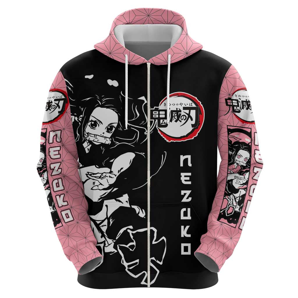 Nezuko Demon Slayer Zip Hoodie with Pink and Black Manga Style Design - The Mazicc