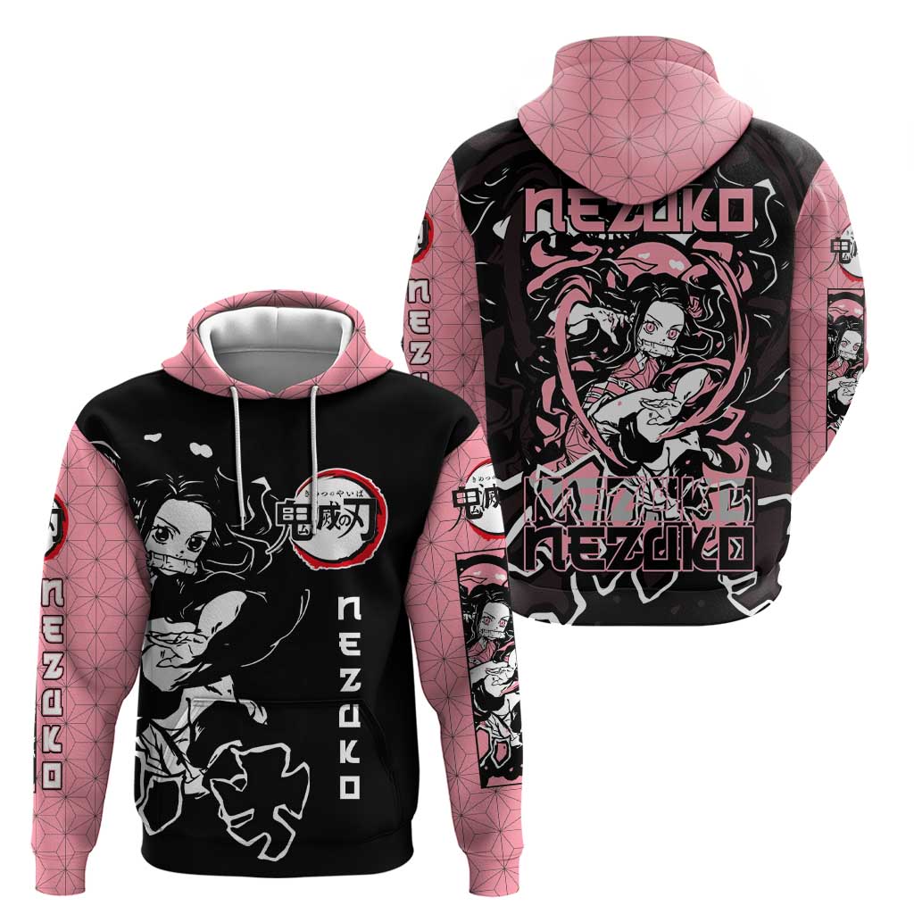 Nezuko Demon Slayer Zip Hoodie with Pink and Black Manga Style Design - The Mazicc