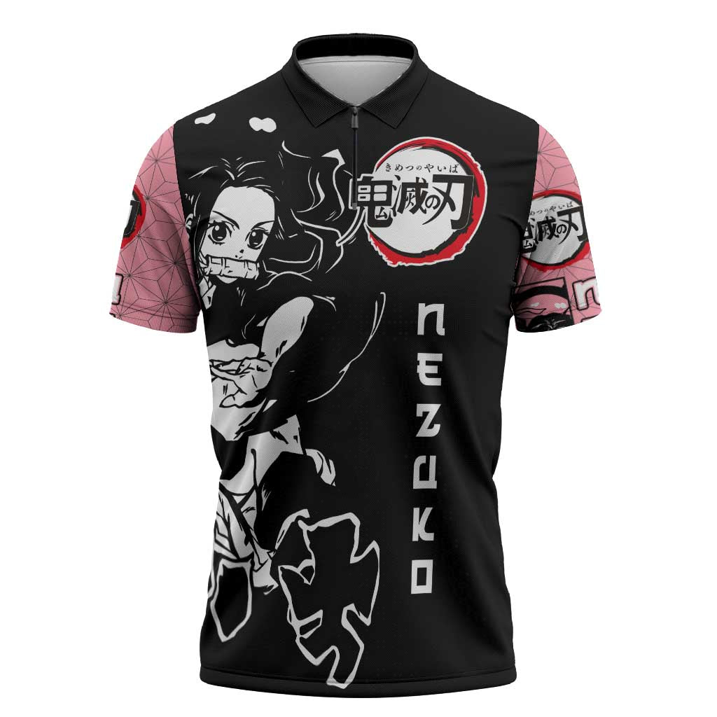 Nezuko Demon Slayer Zipper Polo Shirt with Pink and Black Manga Style Design - The Mazicc