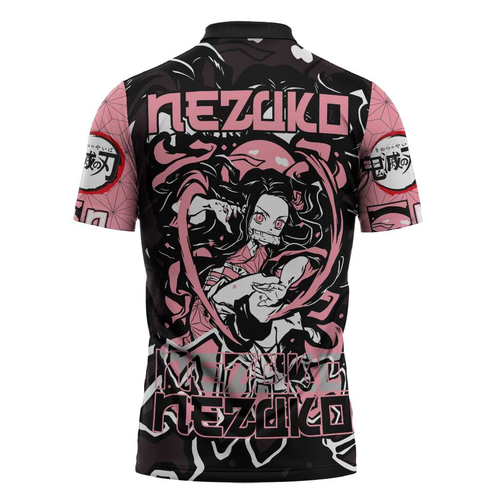 Nezuko Demon Slayer Zipper Polo Shirt with Pink and Black Manga Style Design - The Mazicc