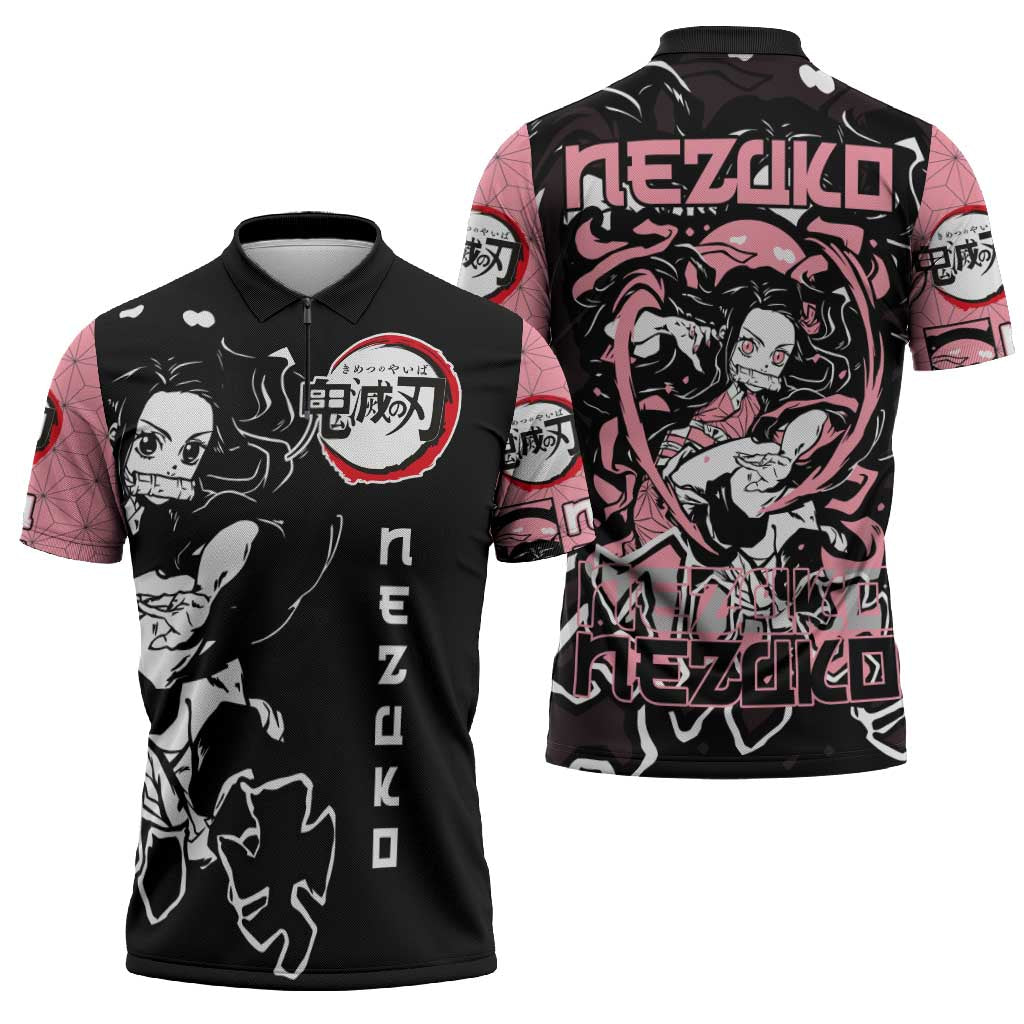 Nezuko Demon Slayer Zipper Polo Shirt with Pink and Black Manga Style Design - The Mazicc