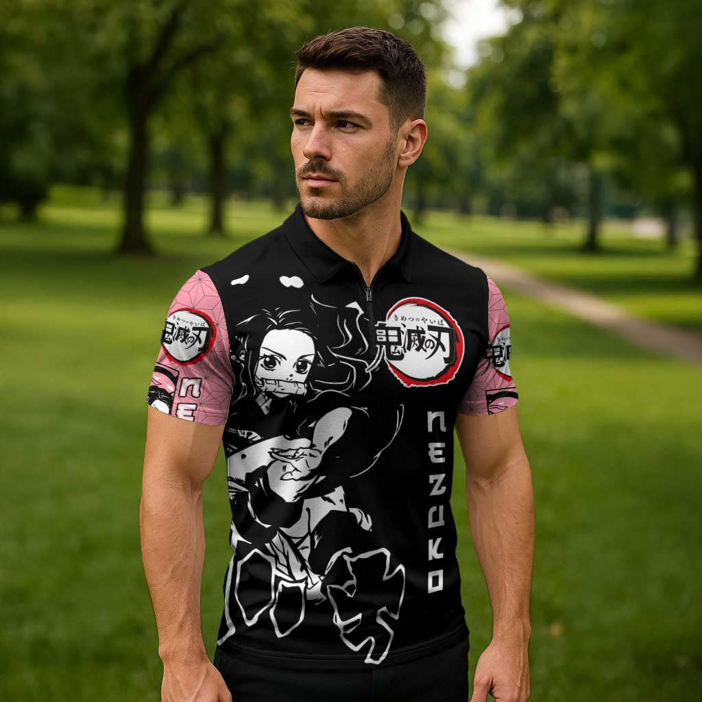 Nezuko Demon Slayer Zipper Polo Shirt with Pink and Black Manga Style Design - The Mazicc