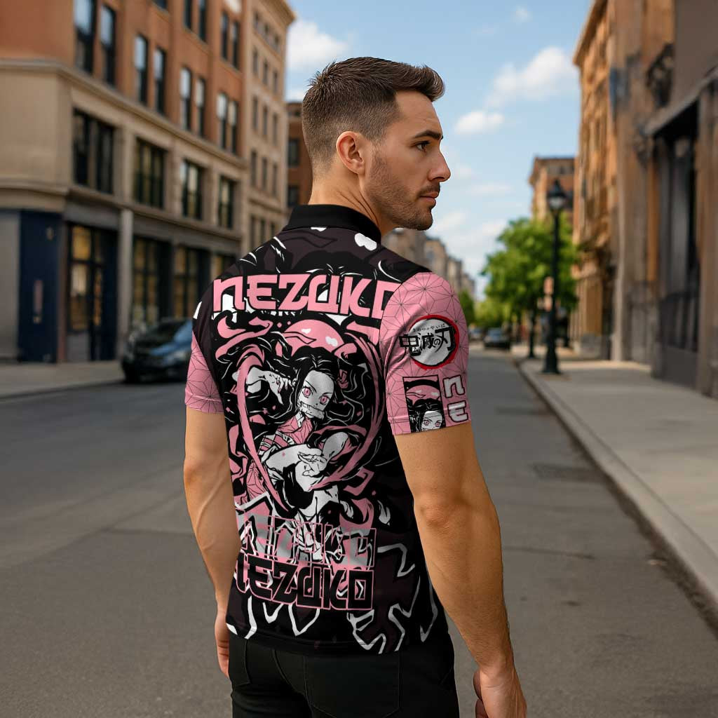 Nezuko Demon Slayer Zipper Polo Shirt with Pink and Black Manga Style Design - The Mazicc