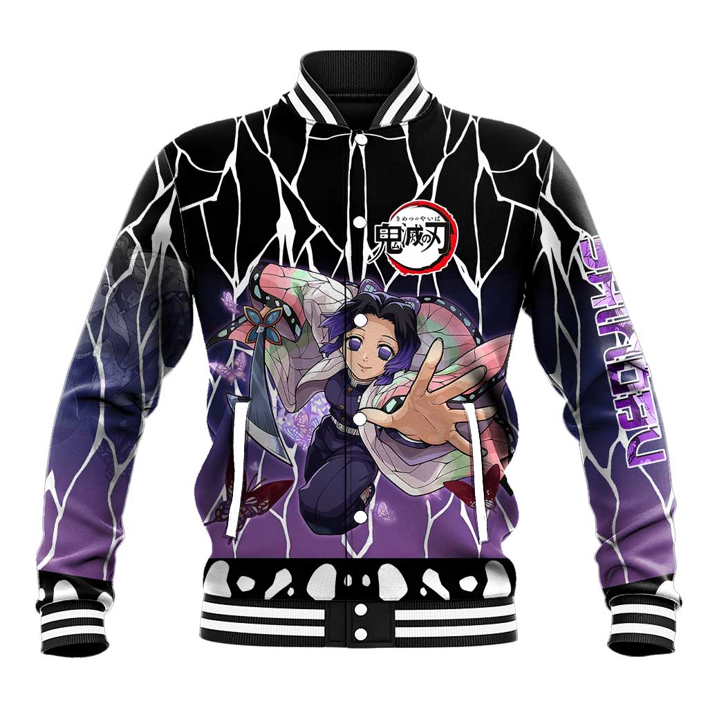 Shinobu Kocho Demon Slayer Baseball Jacket with Purple and Black Web Style Design - The Mazicc