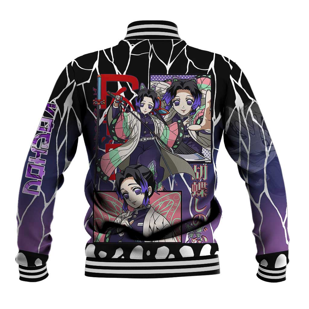 Shinobu Kocho Demon Slayer Baseball Jacket with Purple and Black Web Style Design - The Mazicc