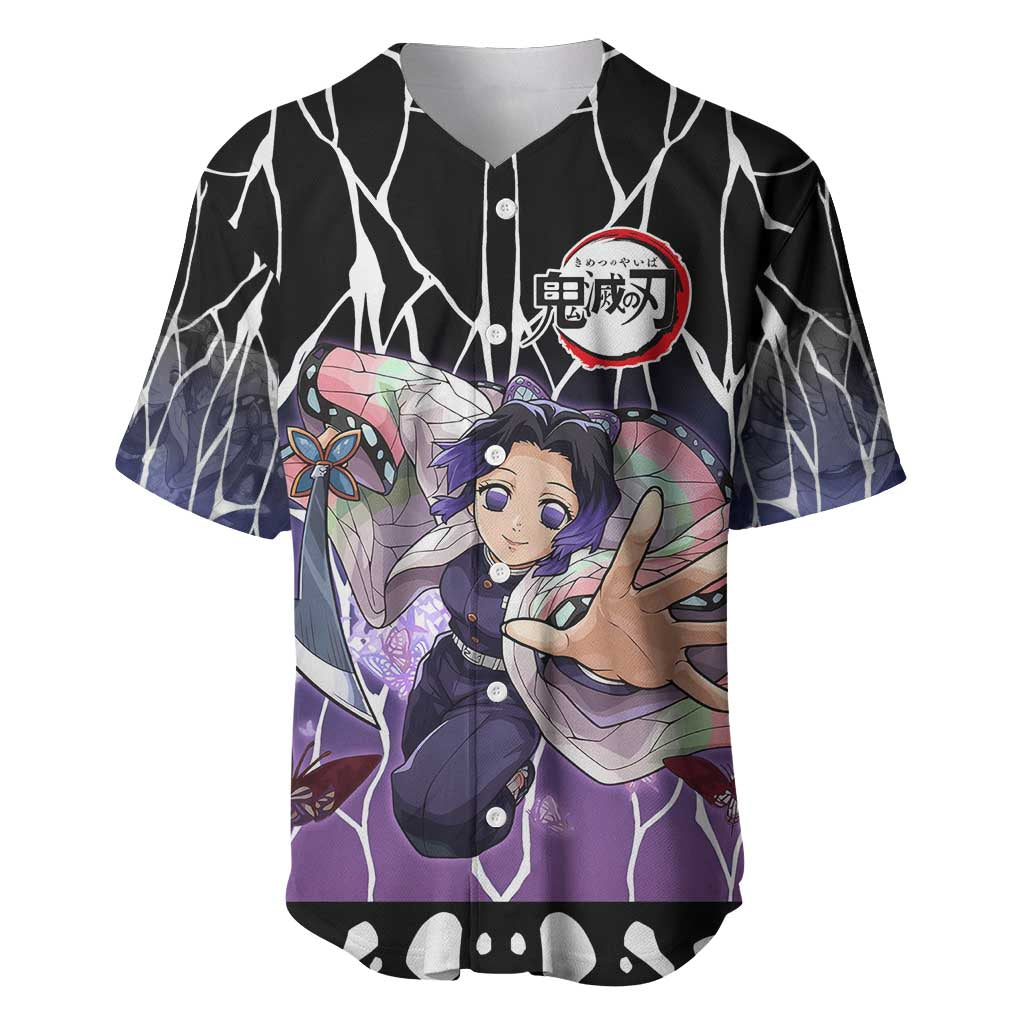 Shinobu Kocho Demon Slayer Baseball Jersey with Purple and Black Web Style Design - The Mazicc