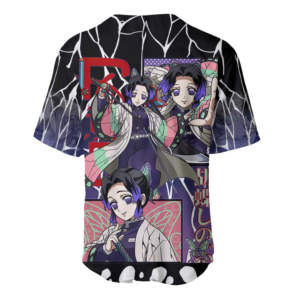 Shinobu Kocho Demon Slayer Baseball Jersey with Purple and Black Web Style Design - The Mazicc
