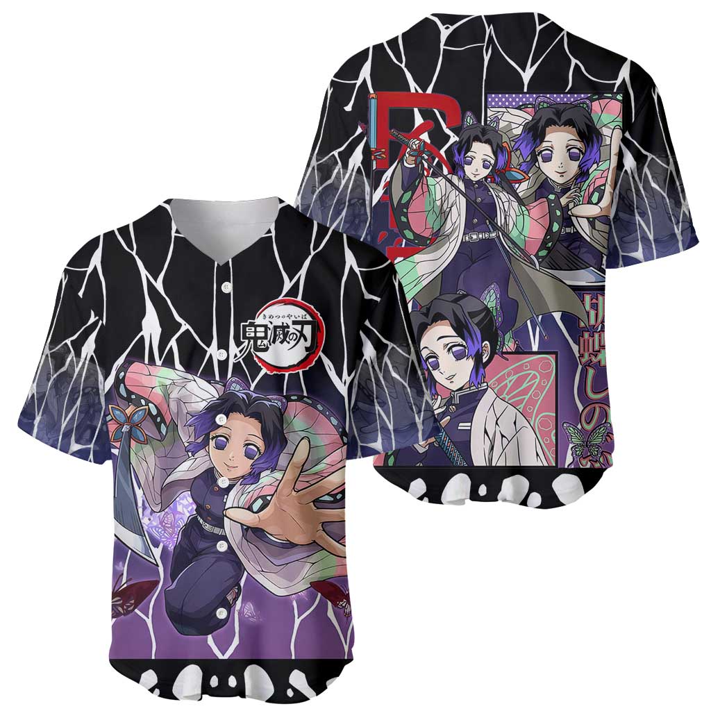 Shinobu Kocho Demon Slayer Baseball Jersey with Purple and Black Web Style Design - The Mazicc