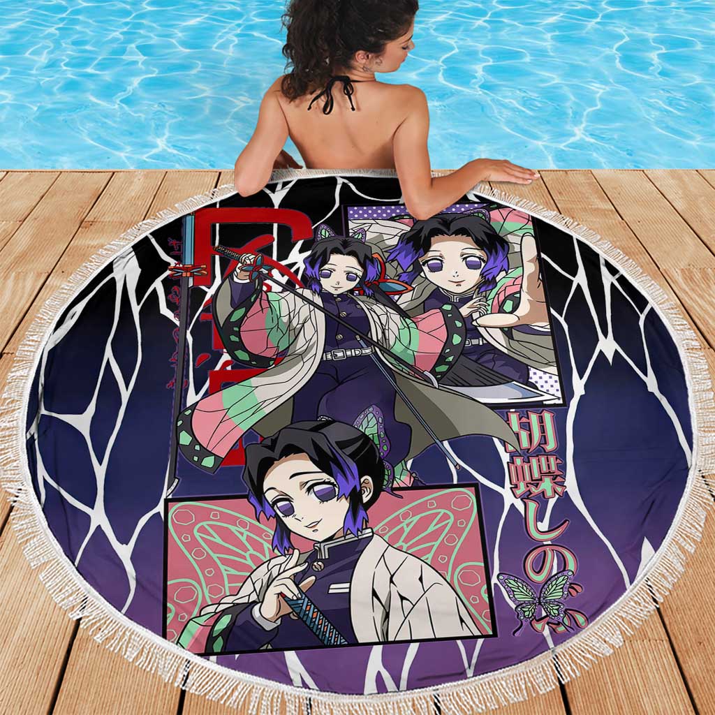 Shinobu Kocho Demon Slayer Beach Blanket with Purple and Black Web Style Design - The Mazicc