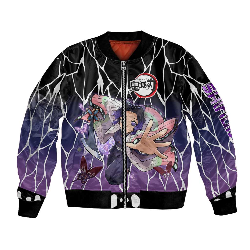 Shinobu Kocho Demon Slayer Bomber Jacket with Purple and Black Web Style Design - The Mazicc