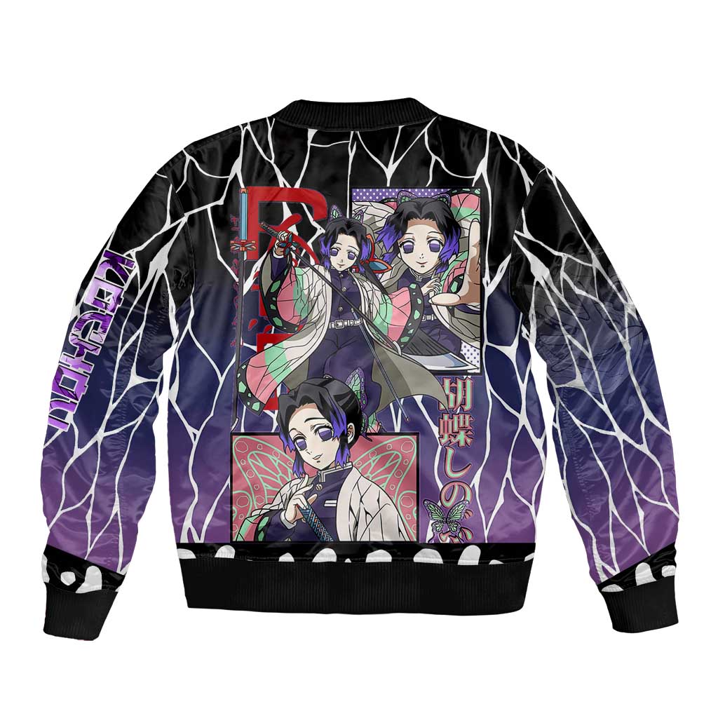 Shinobu Kocho Demon Slayer Bomber Jacket with Purple and Black Web Style Design - The Mazicc