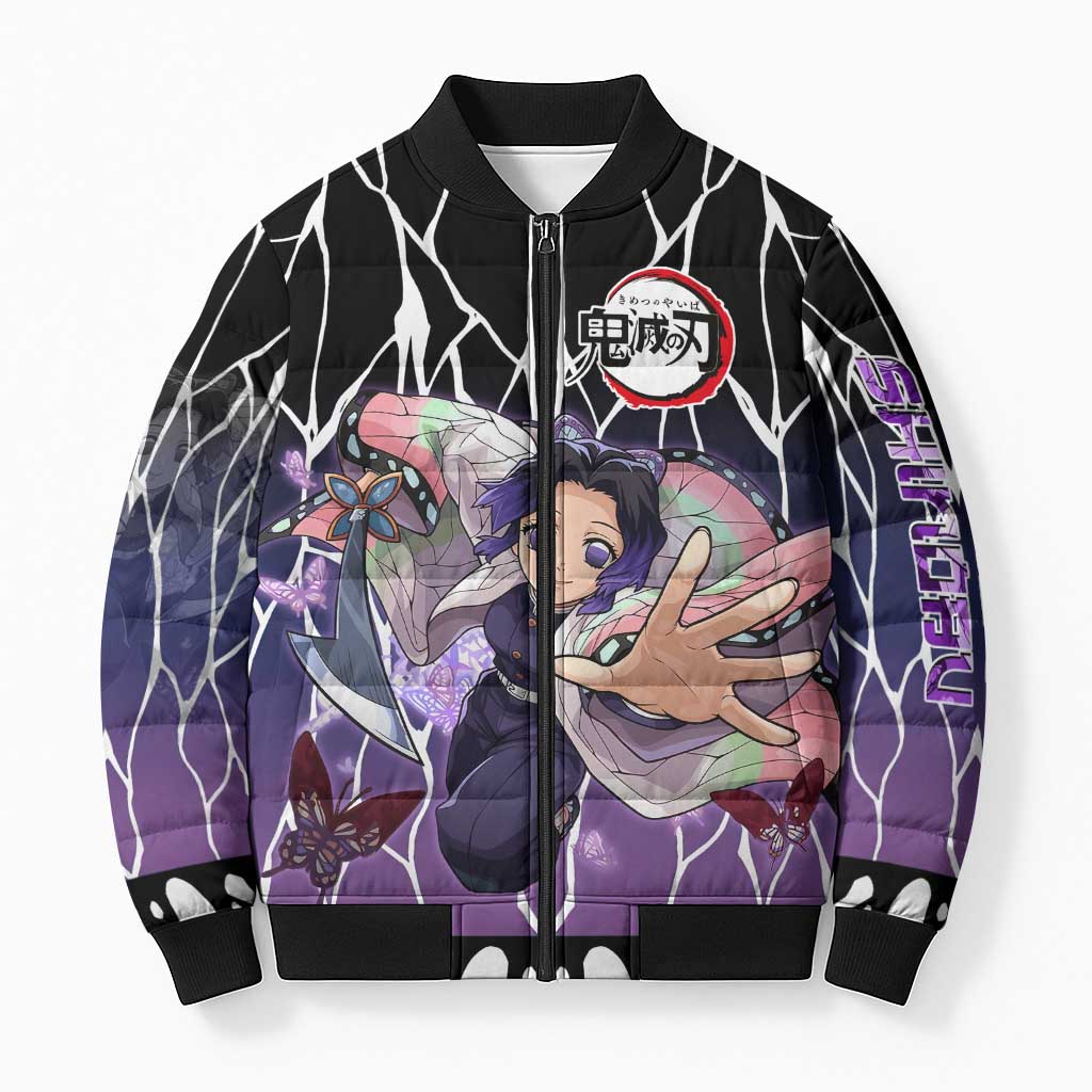 Shinobu Kocho Demon Slayer Bomber Puffer Jacket with Purple and Black Web Style Design - The Mazicc