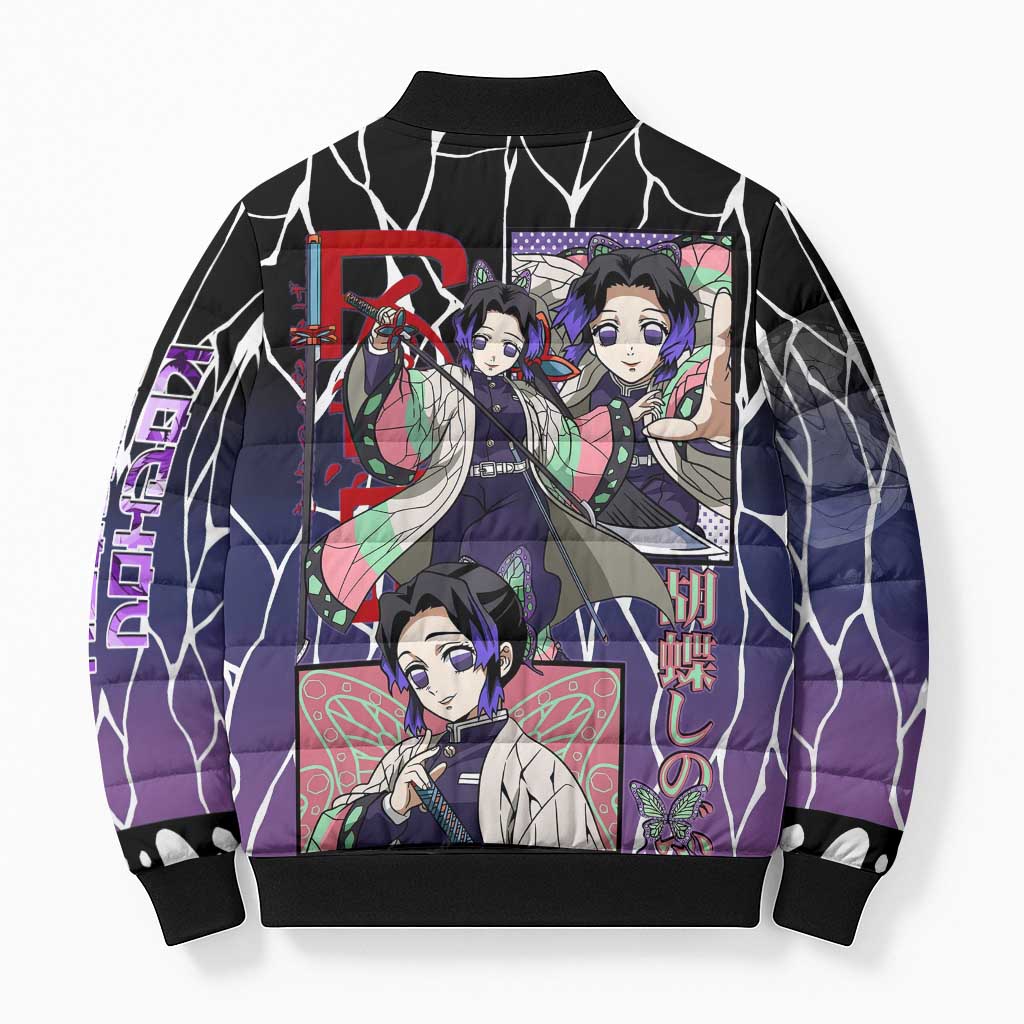 Shinobu Kocho Demon Slayer Bomber Puffer Jacket with Purple and Black Web Style Design - The Mazicc