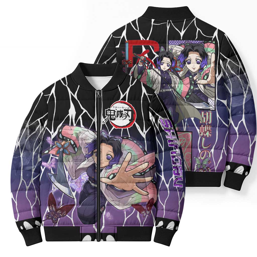 Shinobu Kocho Demon Slayer Bomber Puffer Jacket with Purple and Black Web Style Design - The Mazicc