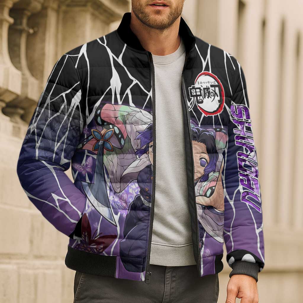 Shinobu Kocho Demon Slayer Bomber Puffer Jacket with Purple and Black Web Style Design - The Mazicc