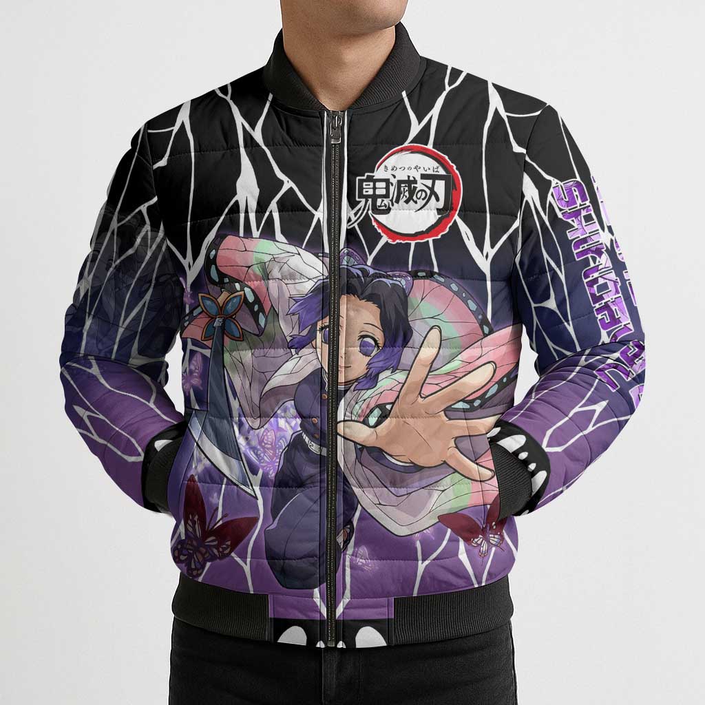 Shinobu Kocho Demon Slayer Bomber Puffer Jacket with Purple and Black Web Style Design - The Mazicc