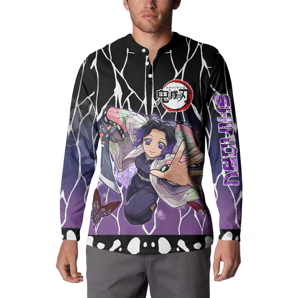 Shinobu Kocho Demon Slayer Button Sweatshirt with Purple and Black Web Style Design - The Mazicc
