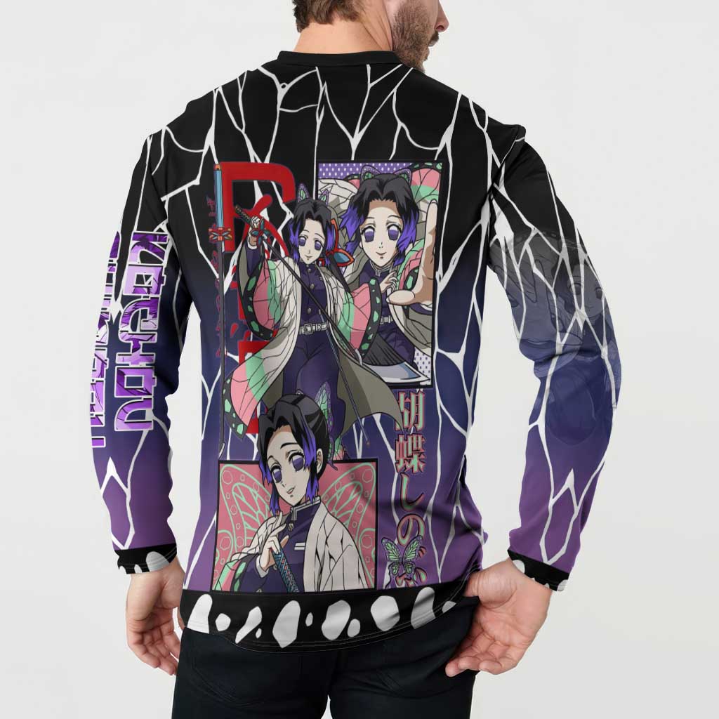 Shinobu Kocho Demon Slayer Button Sweatshirt with Purple and Black Web Style Design - The Mazicc