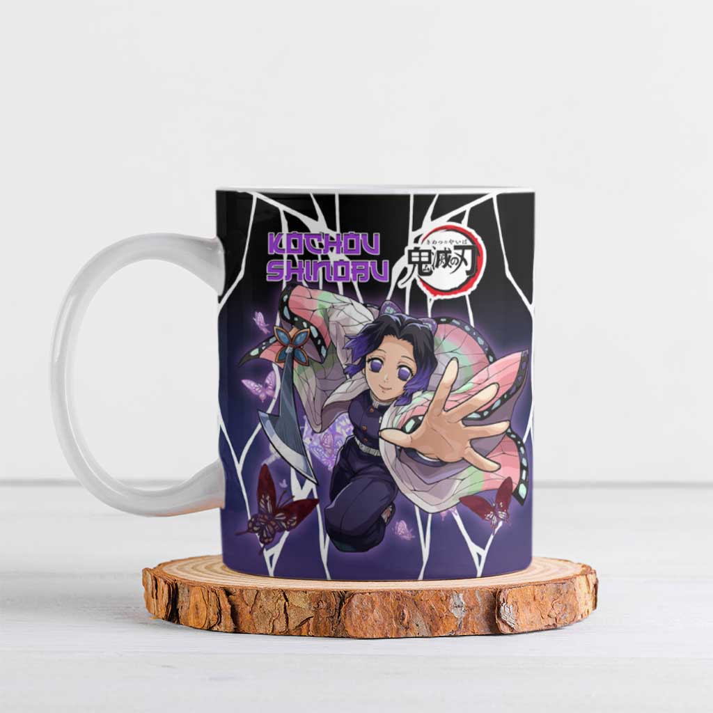 Shinobu Kocho Demon Slayer Ceramic Mug with Purple and Black Web Style Design - The Mazicc