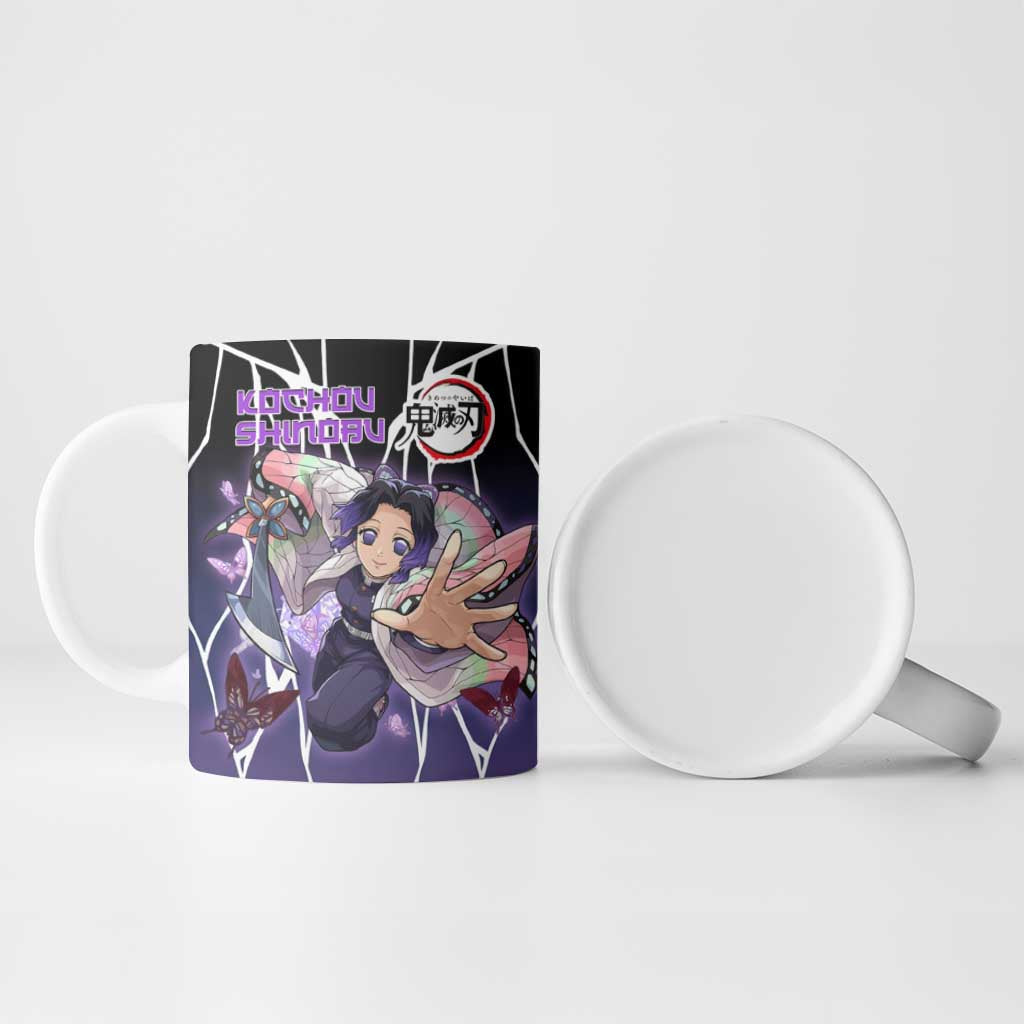 Shinobu Kocho Demon Slayer Ceramic Mug with Purple and Black Web Style Design - The Mazicc