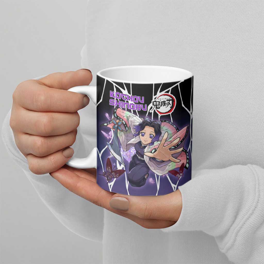 Shinobu Kocho Demon Slayer Ceramic Mug with Purple and Black Web Style Design - The Mazicc