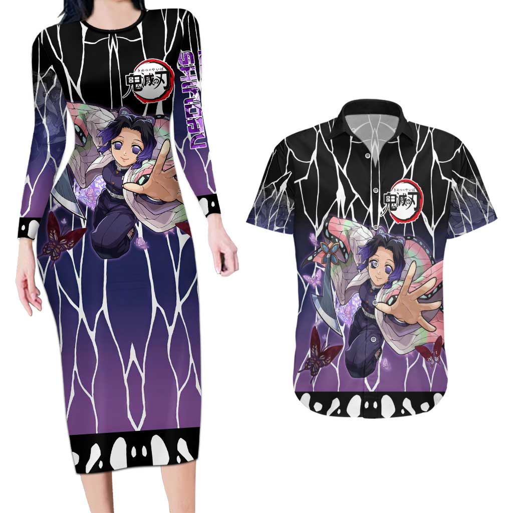 Shinobu Kocho Demon Slayer Couples Matching Long Sleeve Bodycon Dress and Hawaiian Shirt with Purple and Black Web Style Design - The Mazicc