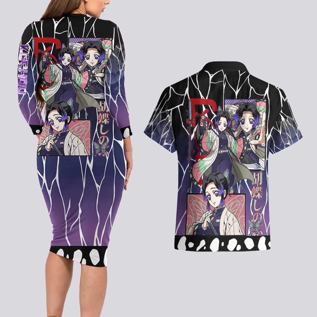 Shinobu Kocho Demon Slayer Couples Matching Long Sleeve Bodycon Dress and Hawaiian Shirt with Purple and Black Web Style Design - The Mazicc