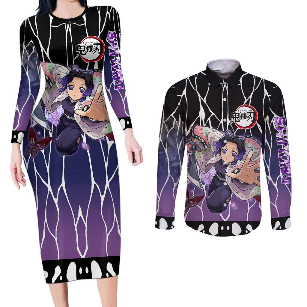Shinobu Kocho Demon Slayer Couples Matching Long Sleeve Bodycon Dress and Long Sleeve Button Shirt with Purple and Black Web Style Design - The Mazicc