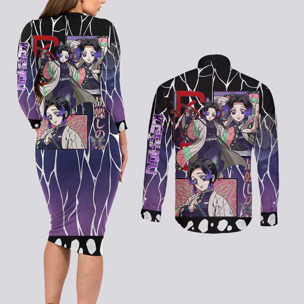 Shinobu Kocho Demon Slayer Couples Matching Long Sleeve Bodycon Dress and Long Sleeve Button Shirt with Purple and Black Web Style Design - The Mazicc