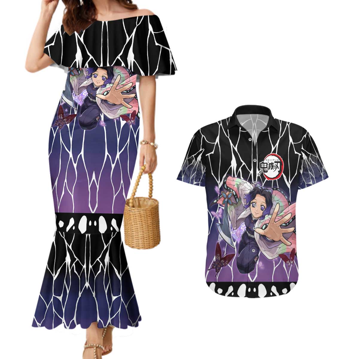Shinobu Kocho Demon Slayer Couples Matching Mermaid Dress and Hawaiian Shirt with Purple and Black Web Style Design - The Mazicc