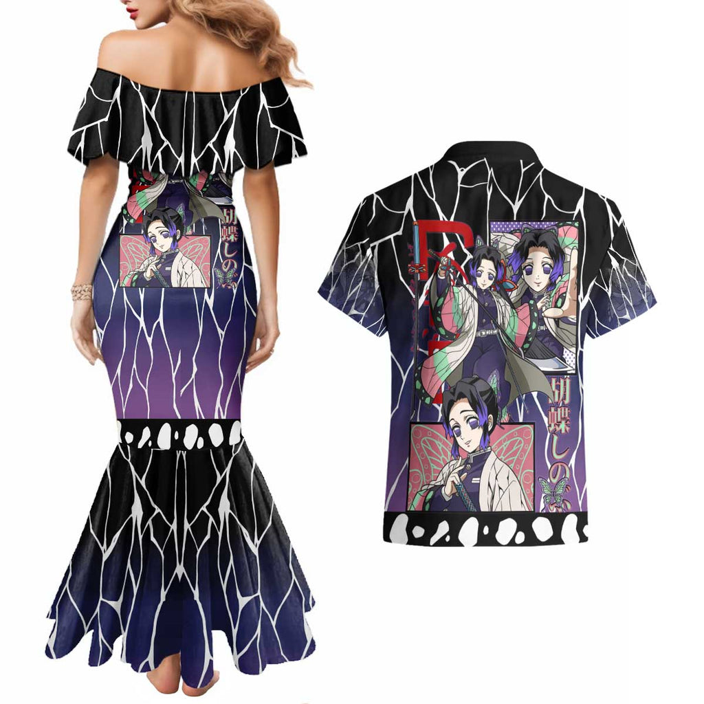 Shinobu Kocho Demon Slayer Couples Matching Mermaid Dress and Hawaiian Shirt with Purple and Black Web Style Design - The Mazicc