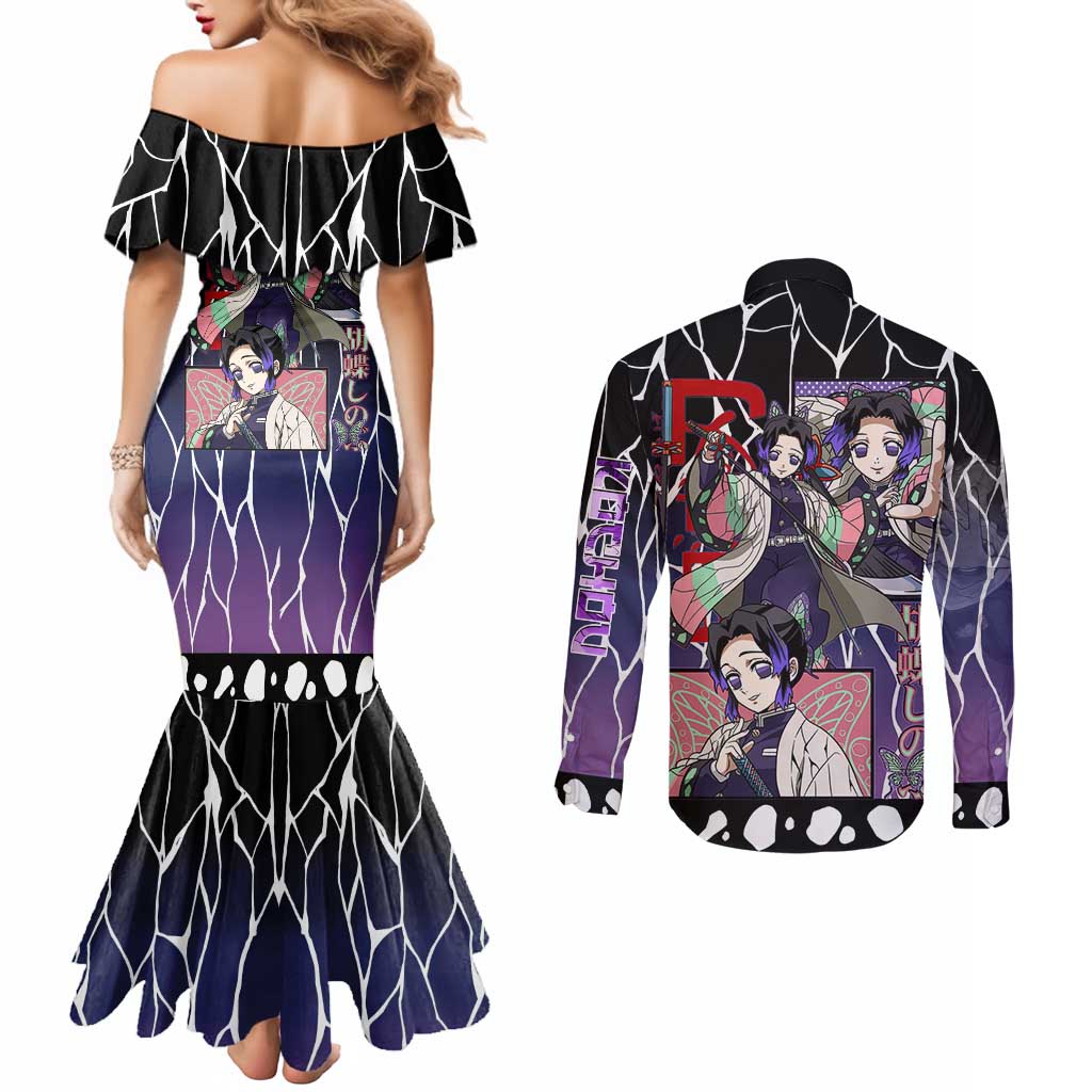 Shinobu Kocho Demon Slayer Couples Matching Mermaid Dress and Long Sleeve Button Shirt with Purple and Black Web Style Design - The Mazicc
