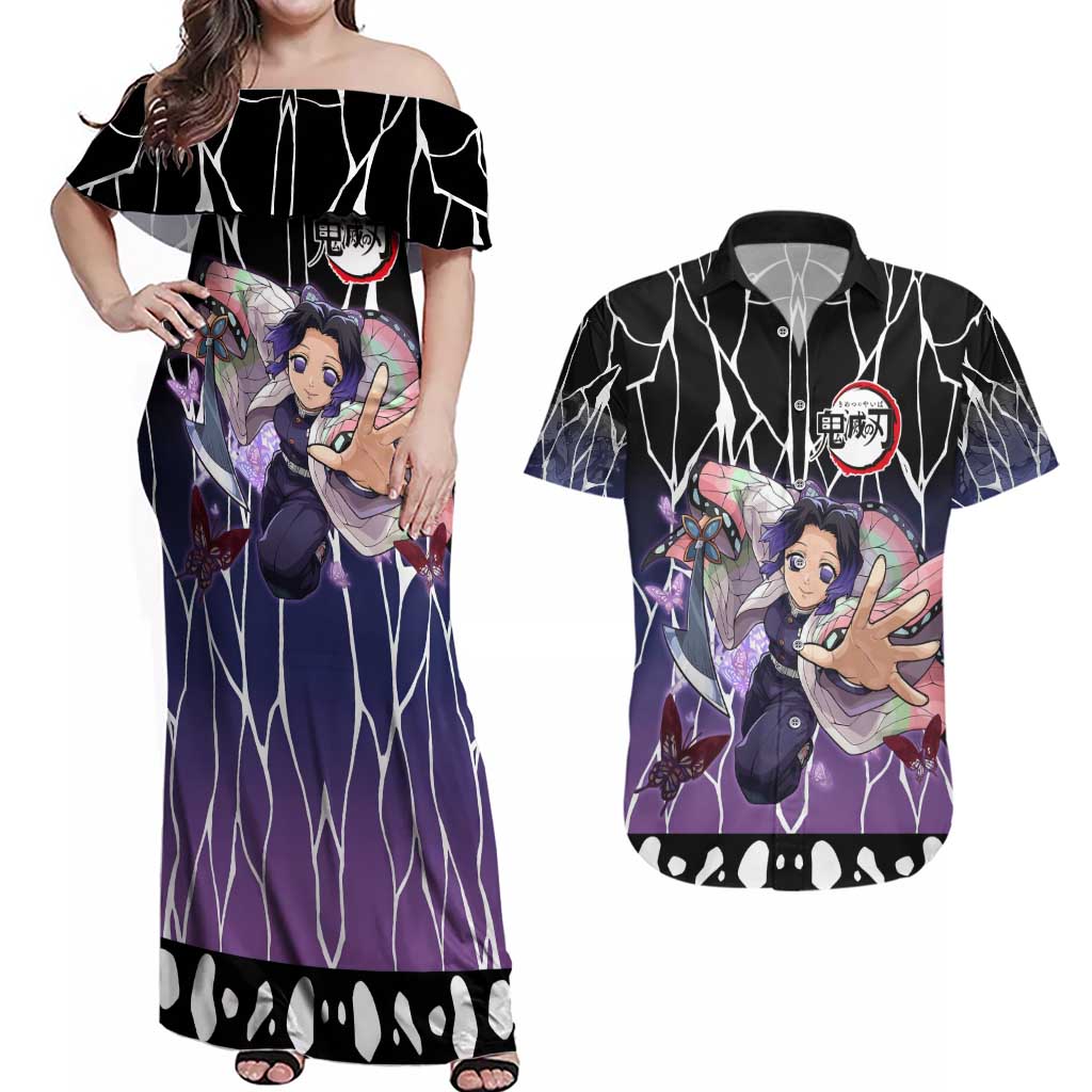 Shinobu Kocho Demon Slayer Couples Matching Off Shoulder Maxi Dress and Hawaiian Shirt with Purple and Black Web Style Design - The Mazicc