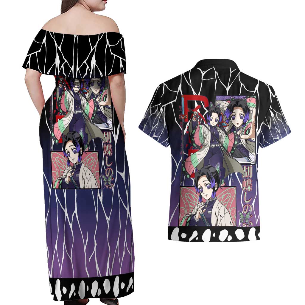 Shinobu Kocho Demon Slayer Couples Matching Off Shoulder Maxi Dress and Hawaiian Shirt with Purple and Black Web Style Design - The Mazicc