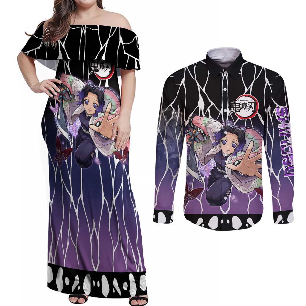 Shinobu Kocho Demon Slayer Couples Matching Off Shoulder Maxi Dress and Long Sleeve Button Shirt with Purple and Black Web Style Design - The Mazicc