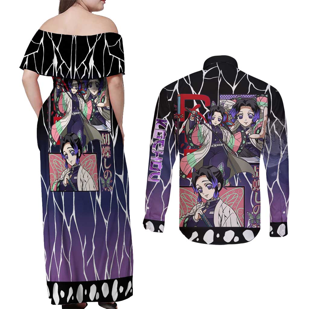 Shinobu Kocho Demon Slayer Couples Matching Off Shoulder Maxi Dress and Long Sleeve Button Shirt with Purple and Black Web Style Design - The Mazicc