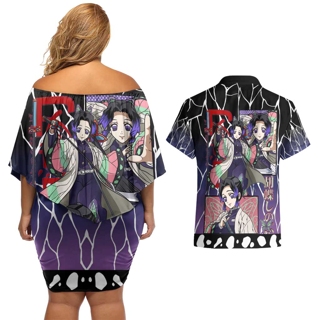 Shinobu Kocho Demon Slayer Couples Matching Off Shoulder Short Dress and Hawaiian Shirt with Purple and Black Web Style Design - The Mazicc