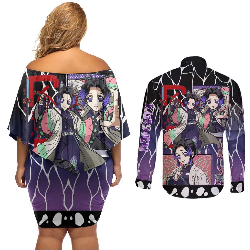 Shinobu Kocho Demon Slayer Couples Matching Off Shoulder Short Dress and Long Sleeve Button Shirt with Purple and Black Web Style Design - The Mazicc