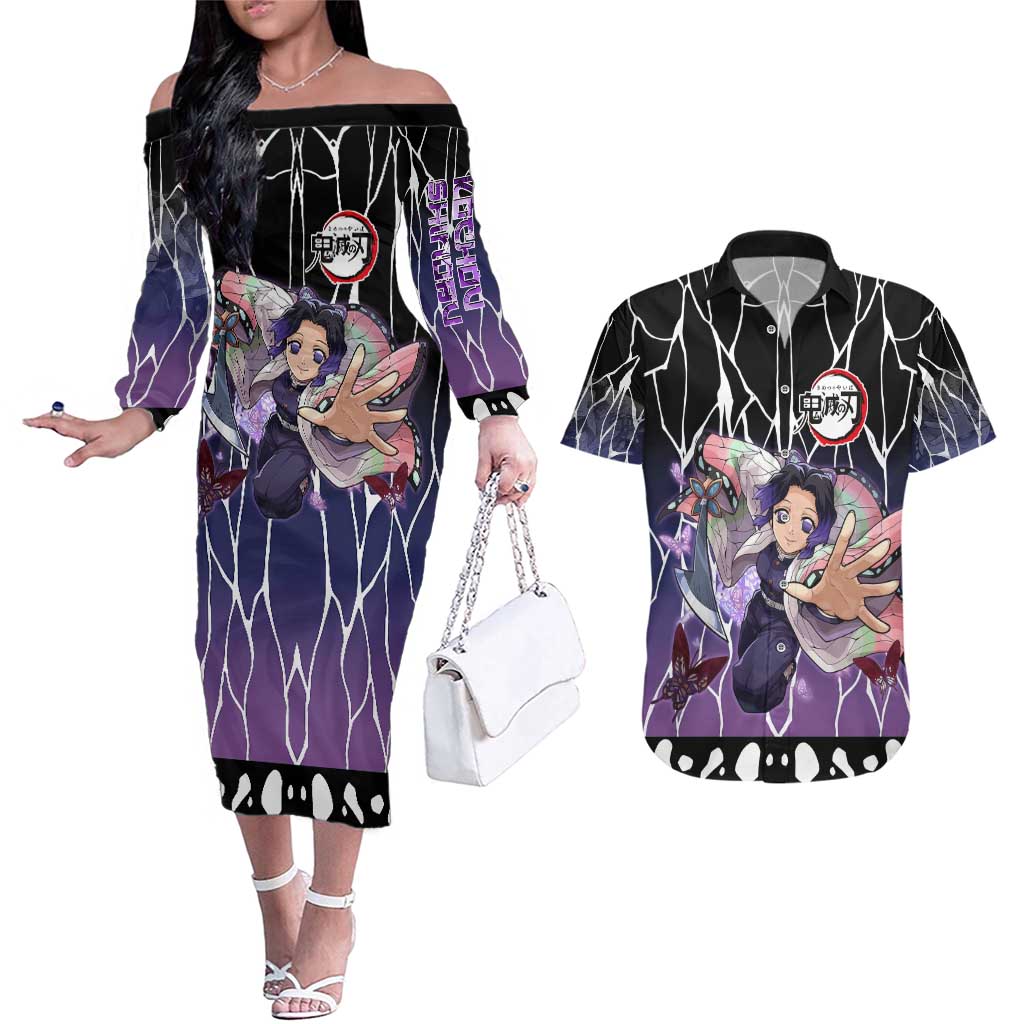 Shinobu Kocho Demon Slayer Couples Matching Off The Shoulder Long Sleeve Dress and Hawaiian Shirt with Purple and Black Web Style Design - The Mazicc