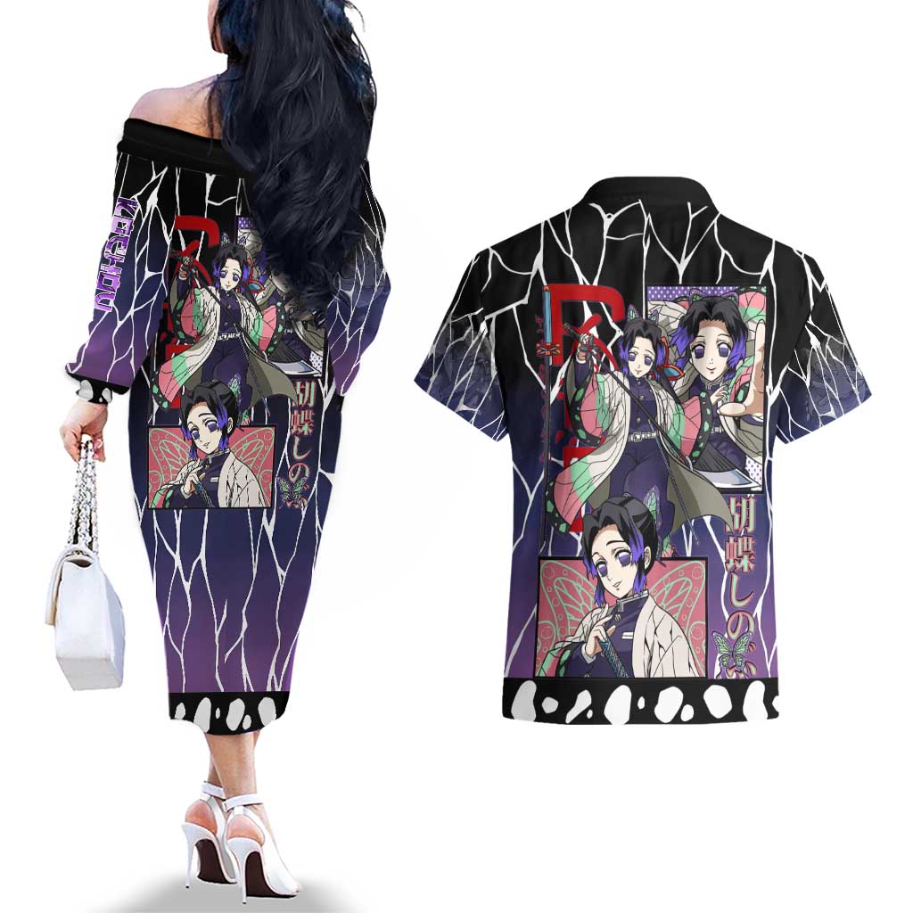 Shinobu Kocho Demon Slayer Couples Matching Off The Shoulder Long Sleeve Dress and Hawaiian Shirt with Purple and Black Web Style Design - The Mazicc