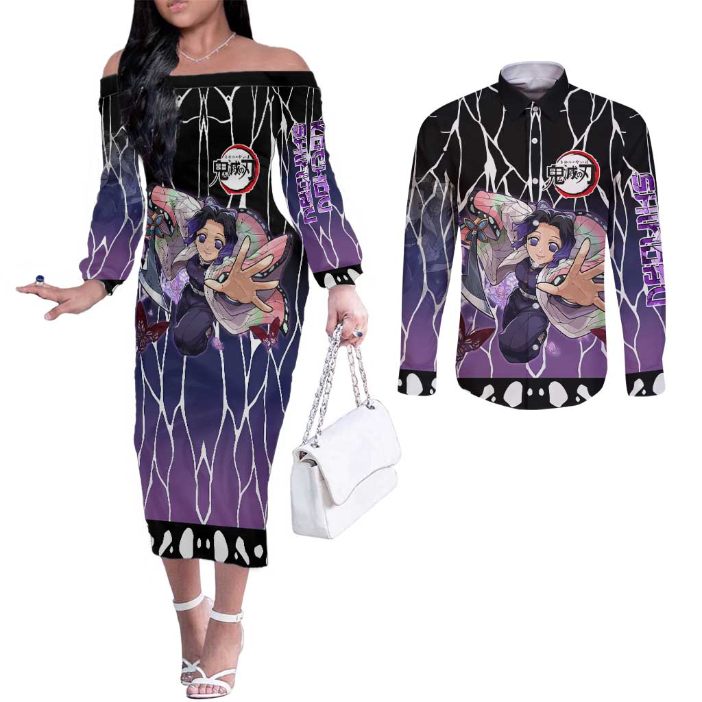 Shinobu Kocho Demon Slayer Couples Matching Off The Shoulder Long Sleeve Dress and Long Sleeve Button Shirt with Purple and Black Web Style Design - The Mazicc
